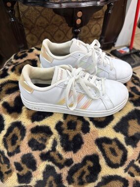 adidas White Low-Top Sneakers with Iridescent Pastel Stripes